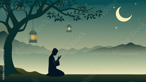 Silhouette praying under tree with moon and stars