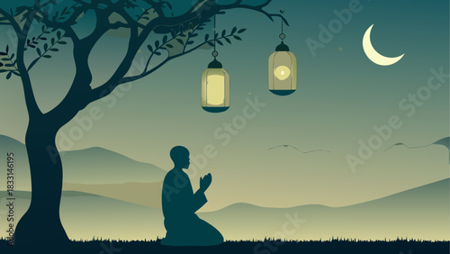 Person praying under tree with hanging lanterns
