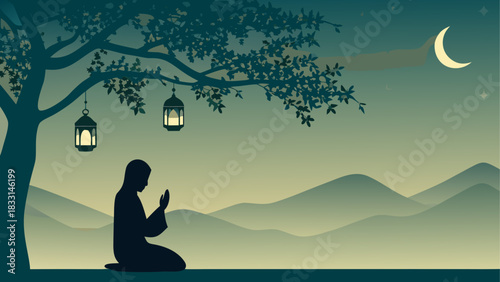 Silhouette praying under a tree at night scene