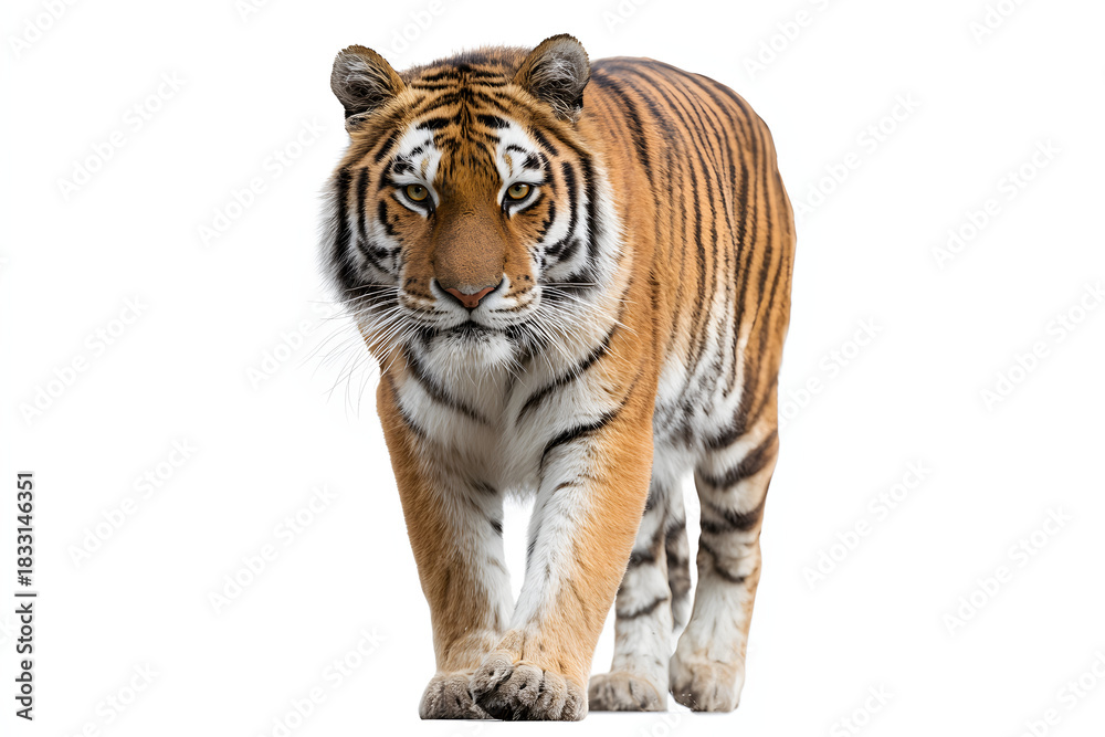 Fototapeta premium A majestic tiger, a powerful animal and fierce predator, is walking forward with an intense gaze towards the camera, perfectly isolated on a white background.