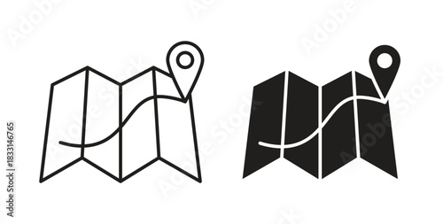 Map icon glyph and line set thin line symbol concept.