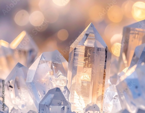 Crystal cluster glows with light; transparent formations against a blurred backdrop of sparkling, warm bokeh