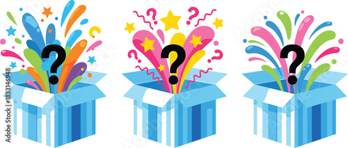 Colorful Vector Illustration Set of Blue Gift Boxes Exploding with Confetti, Stars, and Question Marks, Symbolizing Surprise, Mystery, and Unexpected Prizes or Reveals