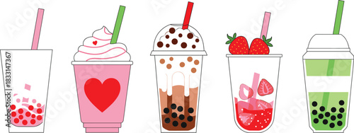 Flat Vector Set of Popular Sweet Drinks Including Bubble Tea, Strawberry Smoothies, Milkshakes, and Dessert Beverages for Cafe, Summer, and Food Menu Designs