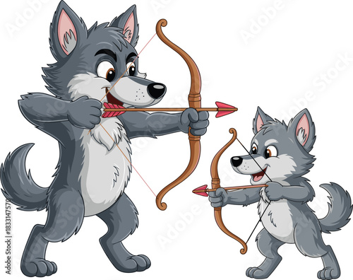 Cartoon wolves with bows — playful parent-child archery scene featuring expressive gray characters in a whimsical forest training moment