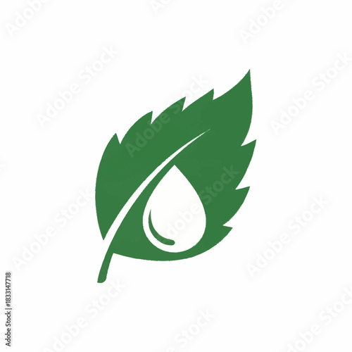 Green leaf with water drop, representing nature and freshness, simple logo.