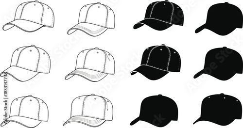Stylish baseball cap design elements for apparel mockups and logo placement, versatile for fashion templates and sports branding, vector origin