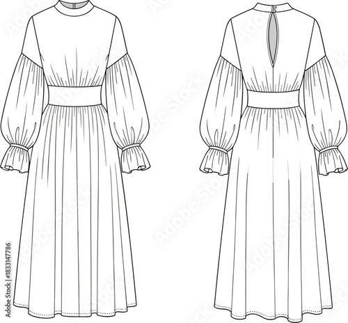 Elegant midi dress design with long puff sleeves, ideal for fashion design mockups and apparel industry illustrations, promoting modern style trends