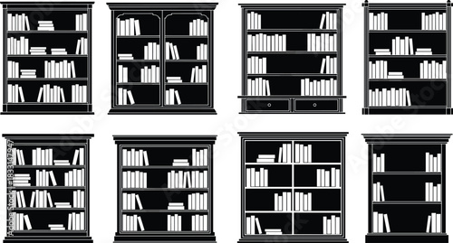 Elegant bookcase collection for refined interiors, offering space and style for any modern library, vector design for customizable layouts and room decoration