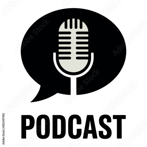 A vintage microphone icon is inside a speech bubble with the word PODCAST below it.