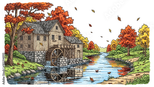 Autumn scene featuring a wooden mill house with a water wheel beside a river surrounded by colorful trees