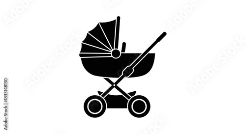 Silhouette of a Classic Baby Carriage on White.
