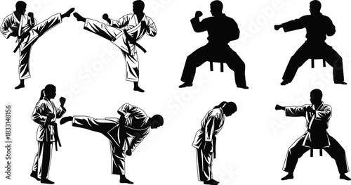 Karate silhouette set, seven dynamic poses, gi uniform, high kick, punch, bowing stance, martial arts illustration, vector art
