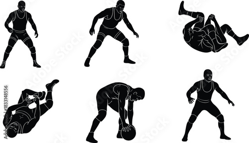 Wrestling silhouette set, six dynamic poses, grappling and training actions, strength exercise, submission hold, sports illustration, vector art