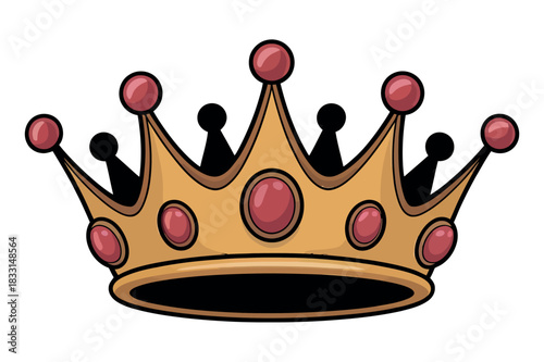 A golden crown adorned with red jewels signifies royalty and authority.