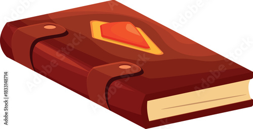Closed magic book with leather cover and gemstone is lying on white background