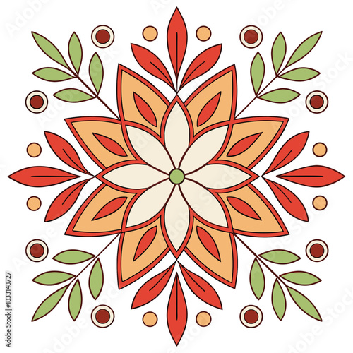 Vintage Mediterranean Tile Design Graphic Rustic Earth Tone Flower and Leaves