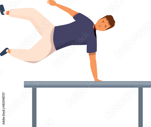 Parkour athlete jumping over a railing, practicing a balancing trick