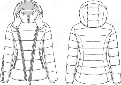 Technical sketch of padded women’s winter jacket, front and back view, detachable hood, vertical zippers, high collar, fashion illustration