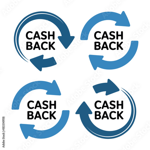 Circular arrows with the text "CASH BACK" indicate a financial concept.