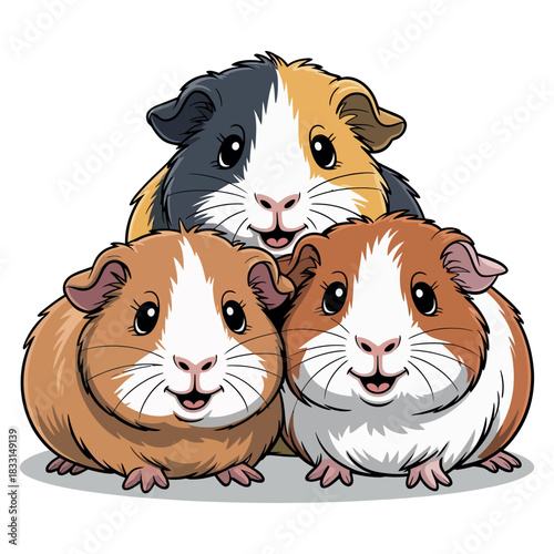 Three adorable guinea pigs are stacked on top of each other, smiling for the camera.