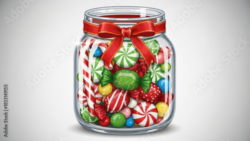A glass jar filled with a colorful assortment of christmas candies and treats tied with a festive red ribbon and bow perfect for holiday celebrations and sweet gifting