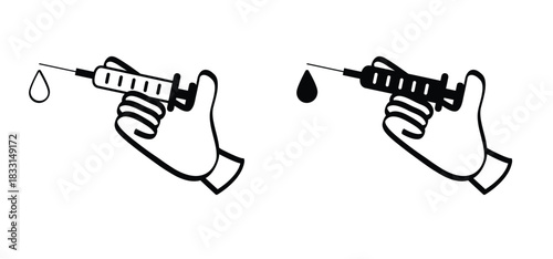 Cartoon injection needle. Hand, holding syringe needle, Medication, medical concept. For health care, vaccine, vaccination or blood drops. Syringe icon. Flat vector pictogram or logo.