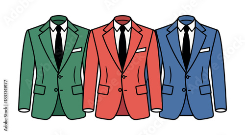 Three formal business suits with ties are displayed side-by-side against a white background.