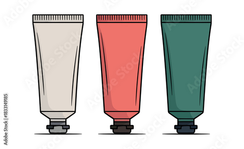 Three different colored tubes of cream or lotion are lined up against a white background.