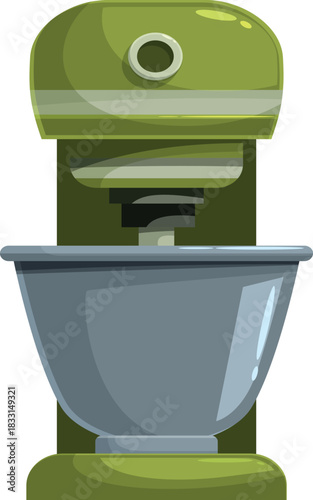 Green stand mixer is mixing ingredients in a metal bowl, ready for baking delicious treats