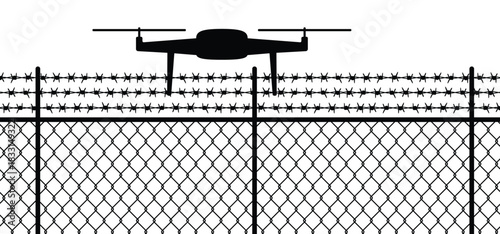 No flying drone with a espionage camera. Radio controlled drones. For  stop filming, security or photographs or views. Ripped steel wire chain. Chainlink fence.  Airport