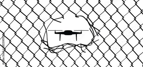 No flying drone with a espionage camera. Radio controlled drones. For  stop filming, security or photographs or views. Ripped steel wire chain. Chainlink fence.  Airport
