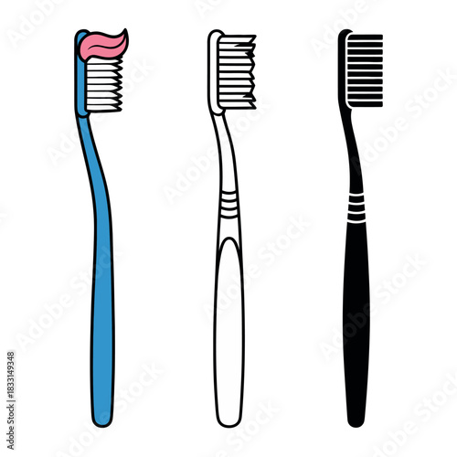 Three toothbrushes, one with toothpaste, are lined up on a white background.