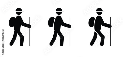 Hiking man silhouette, Cartoon in the forest or mountain hiker. Tourist stickman, hiking man with rucksacks and backpack. Sport, walking with the aid of trekking poles. Travel, trekking route