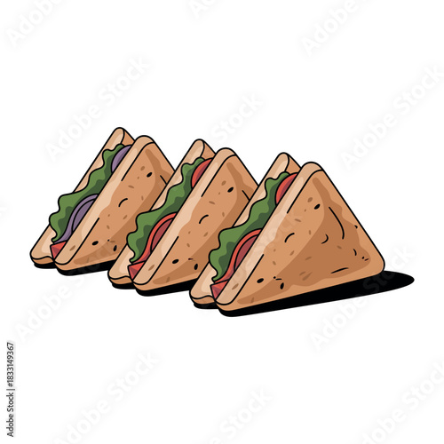 A row of four triangular sandwiches with fresh ingredients is displayed.