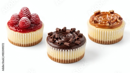 Delicious mini cheesecakes with various toppings on a white background