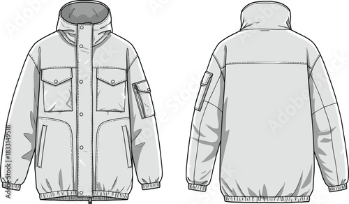 WebTechnical sketch of high-collar utility jacket, front and back view, flap pockets, sleeve pocket, yoke seam, fashion illustration