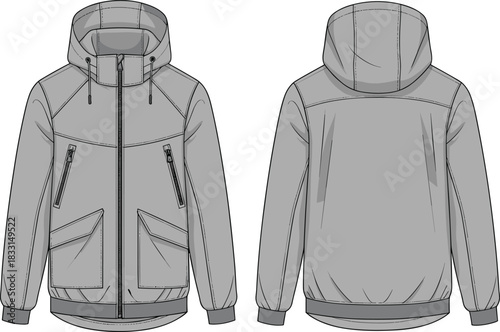 Technical sketch of hooded utility jacket, front and back view, zippered chest pockets, flap pockets, elastic hem, fashion illustration