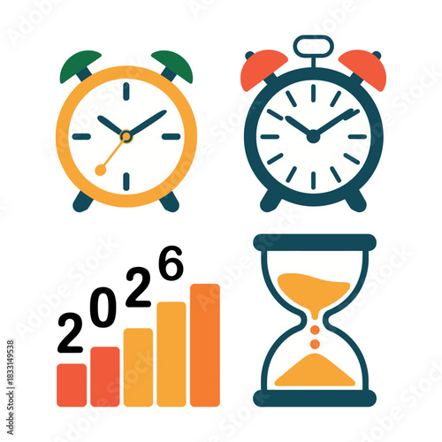 Retro alarm clocks, an hourglass, and a bar graph representing growth over time.