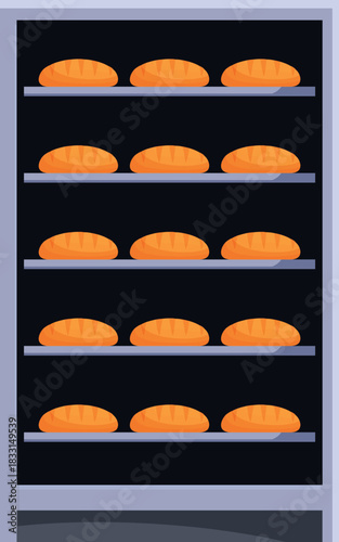 Industrial bread making machine storing freshly baked loaves on metal shelves, ready for packaging and distribution