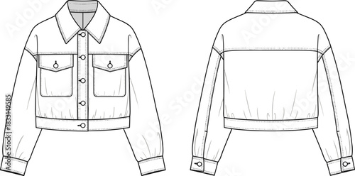 Technical sketch of cropped denim jacket, front and back view, flap pockets, button placket, gathered hem, fashion design, illustration
