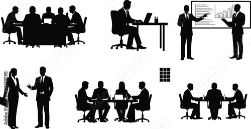 Dynamic silhouettes of diverse business teams collaborating, presenting, and negotiating for success in modern corporate settings, originally vector graphics
