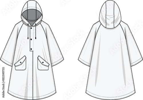 Fashion illustration hooded rain poncho front back view, technical garment sketch, apparel design drawing, outerwear clothing template, waterproof jacket concept