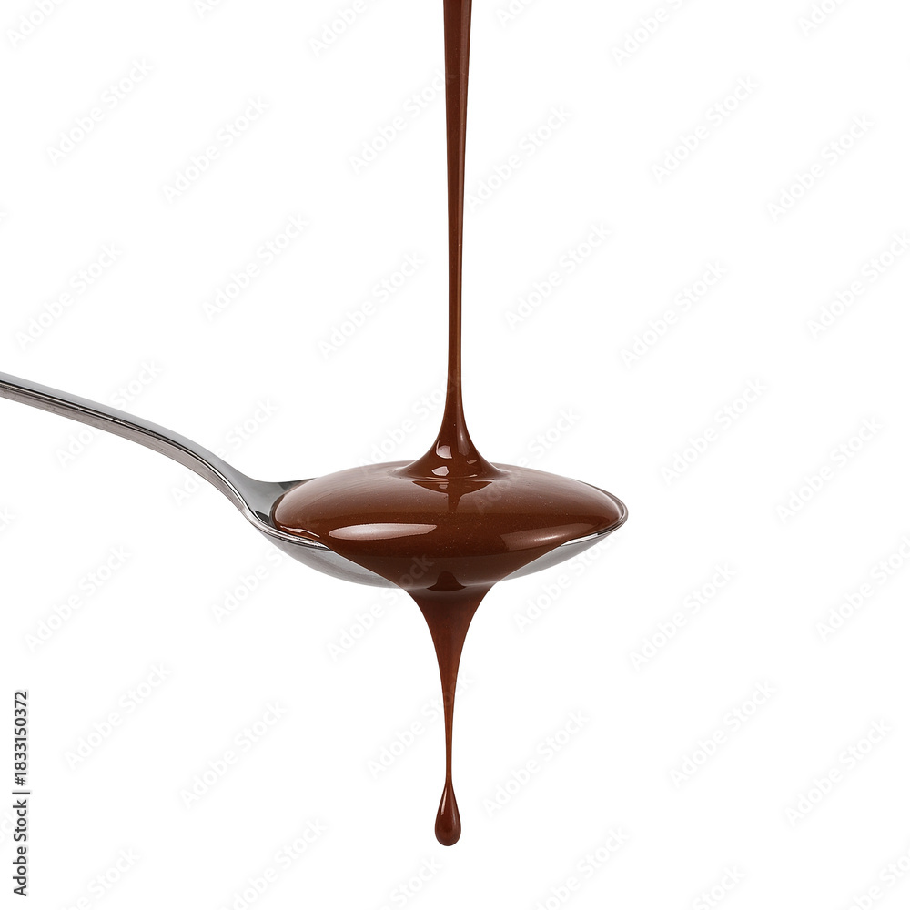 Fototapeta premium Decadent Dark Chocolate Cascade Flowing from Spoon Against Rich Black Backdrop Display