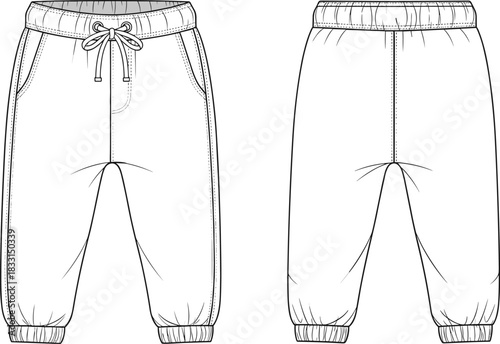 Jogger pants flat sketch, front and back view, drawstring waist sweatpants design, fashion technical vector, apparel flat template, clothing illustration