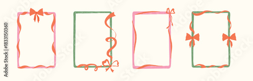 Hand Drawn xmas red, green, pink frame set with doodle bow, ribbon. Coquette whimsical line borders for Merry Christmas, New Year, birthday, wedding, poster. Vintage minimalist vector illustration.