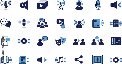Media icons, communication visuals, broadcasting tools, microphone, speaker, video, podcast, radio, headphones, music, document, share, news, audio, mixing, speech bubble, production, digital, sound