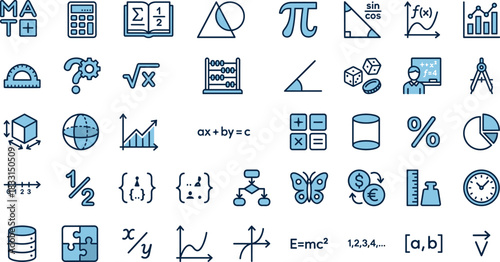 Math and science icon set, educational symbols, academic tools, data visualization, algebra graphic, geometry concept, physics formula, learning design, numeric logic