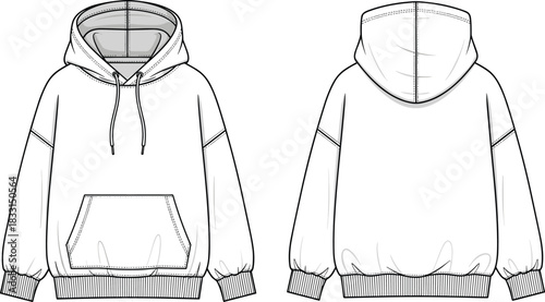 Unisex hoodie flat sketch, fashion technical drawing, front and back view, apparel design vector template, sweatshirt clothing illustration, fashion design