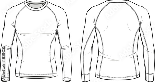 Men’s fitted long sleeve t-shirt flat sketch, athletic wear design, compression shirt front and back view, vector fashion illustration